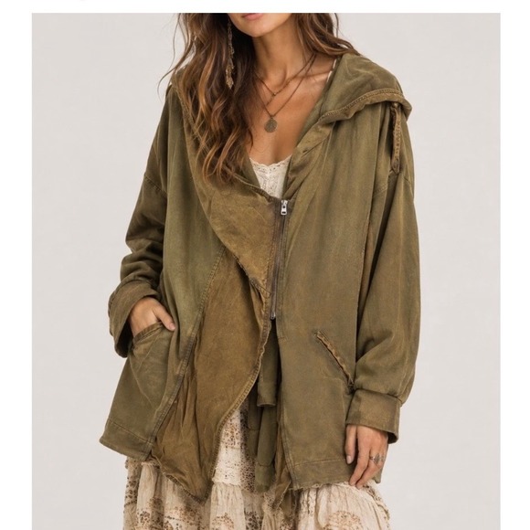 Free People Jackets & Blazers - Free People Oversized Asymmetrical Zip Hoodie Jacket Olive Green Small